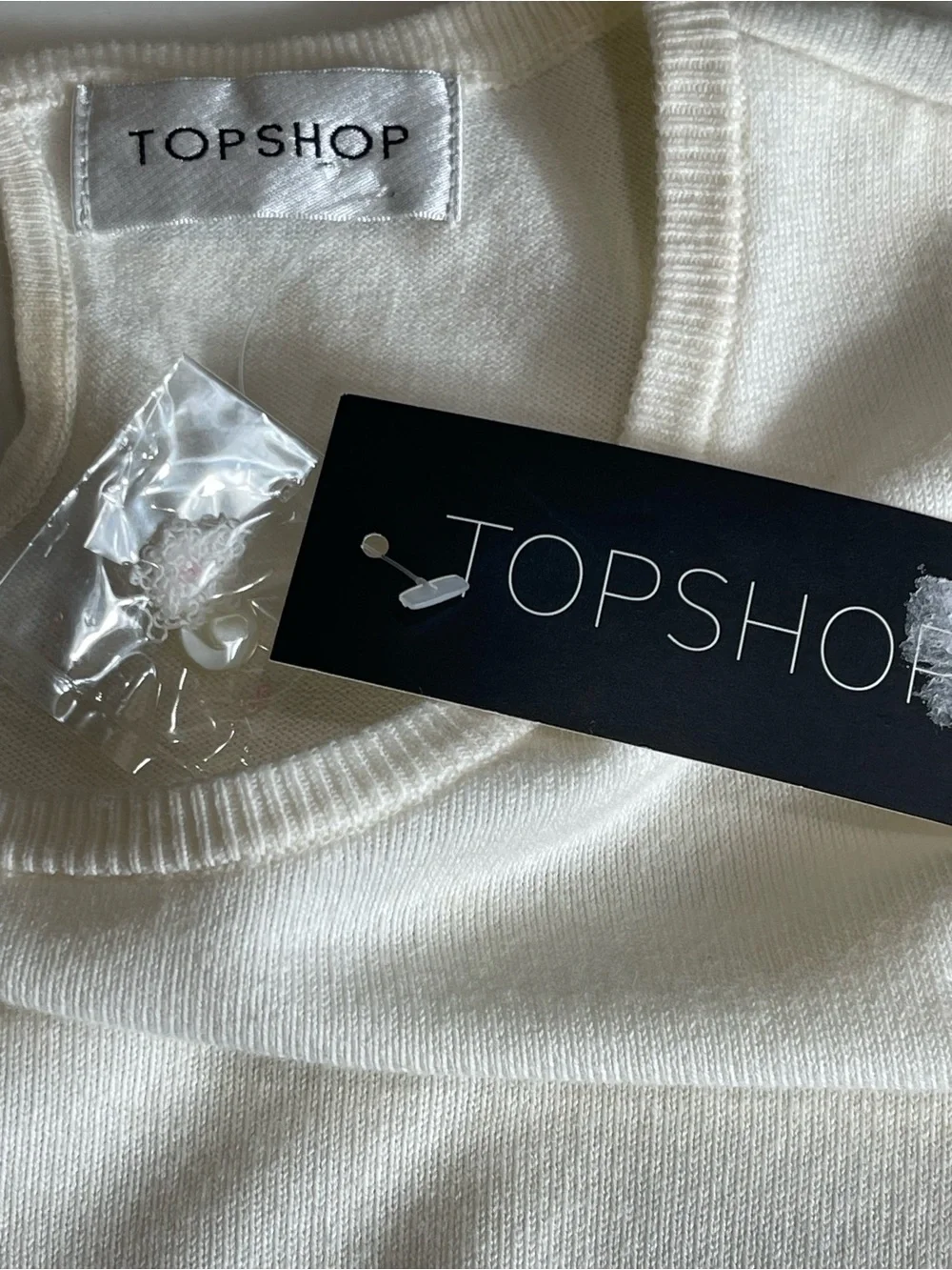 New TOPSHOP Cat Design Cap Sleeve Knit Top SZ M Cream